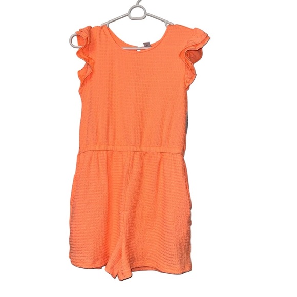 Old navy girls neon Orange Ruffle stretchy Sleeve Romper Sz XL 14-16 NWT - Picture 1 of 3